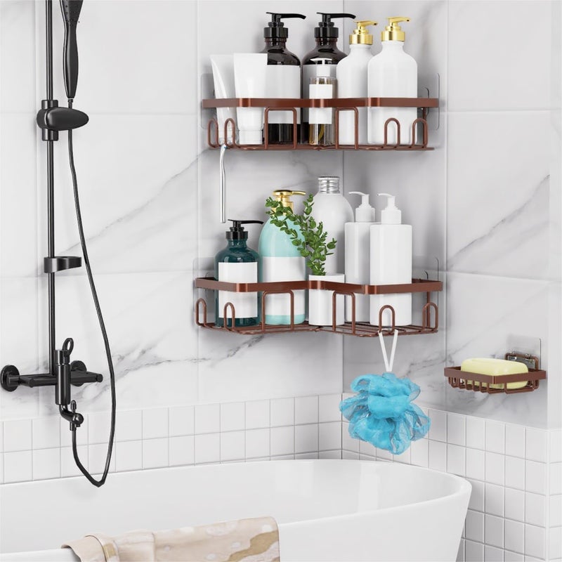 Moforoco Corner Shower Caddy Shelf Organizer Rack, Self Adhesive Black Bathroom Shelves Basket, Home Wall Shower Inside Organization and Storage Decor Rv Accessories, First Apartment Essentials(Brown) - Image 4